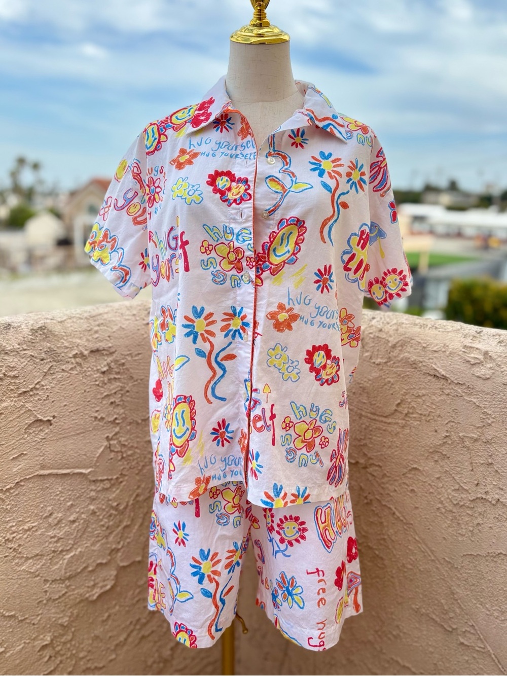 Mira Mikati x DJ blond:ish Hug Life doodle print shirt shorts coord set US 6 S